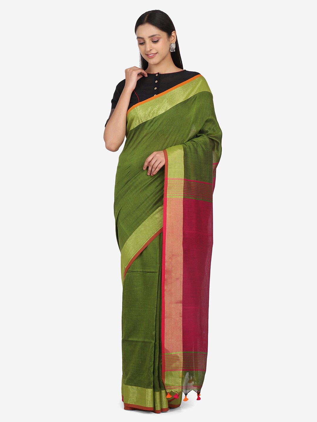 

THE WEAVE TRAVELLER Green & Pink Zari Saree