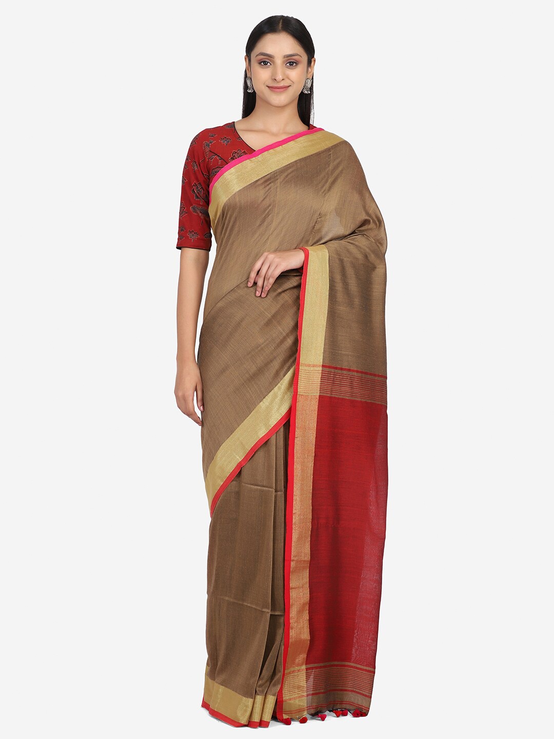 

THE WEAVE TRAVELLER Brown & Gold-Toned Zari Saree