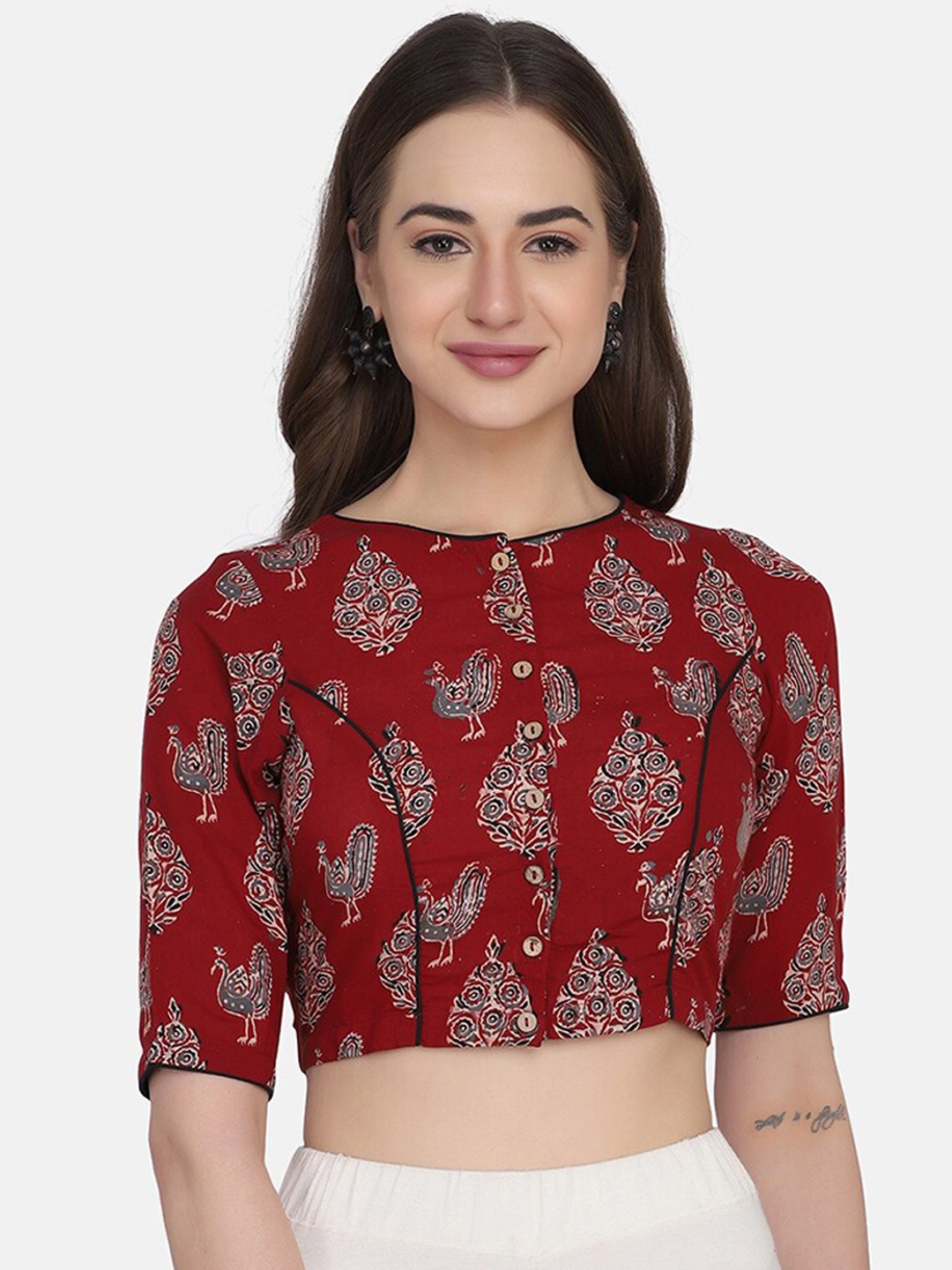 

THE WEAVE TRAVELLER Women Red & Grey Printed Ready Made Saree Blouse