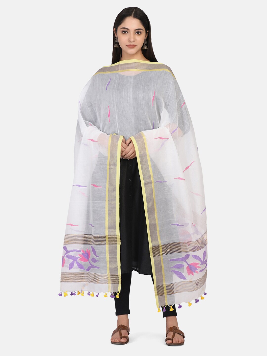 

THE WEAVE TRAVELLER White Woven Design Dupatta with Zari