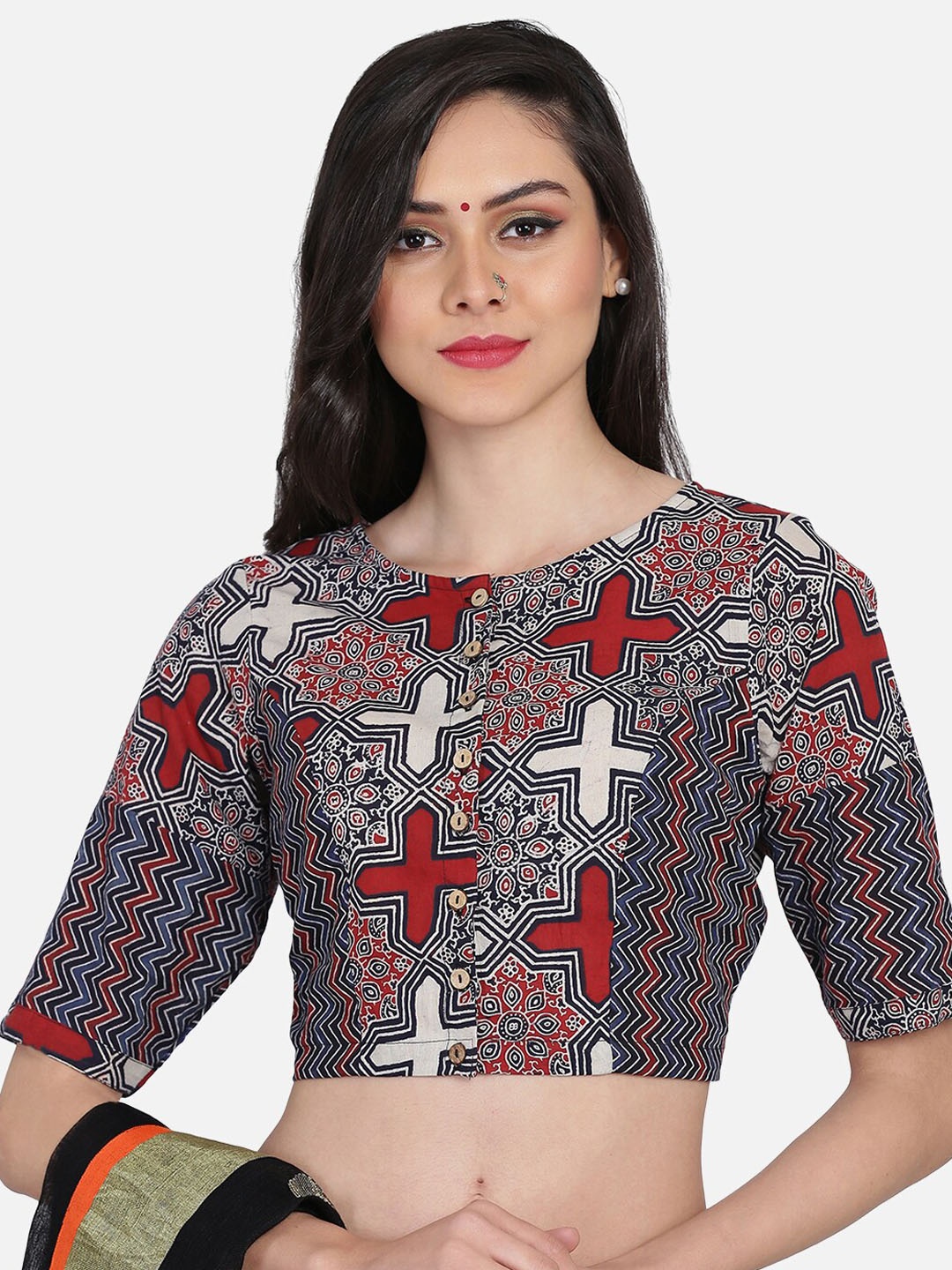 

THE WEAVE TRAVELLER Women Grey & White Ajrakh Block Printed Cotton Ready-made Saree Blouse, Multi