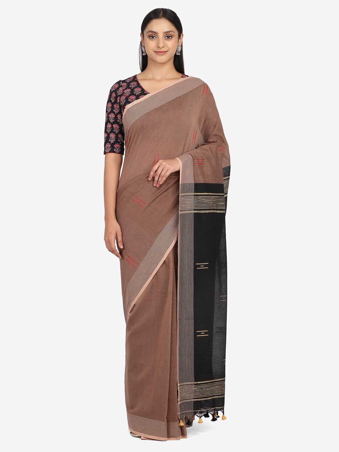

THE WEAVE TRAVELLER Brown & Black Woven Design Pure Cotton Saree