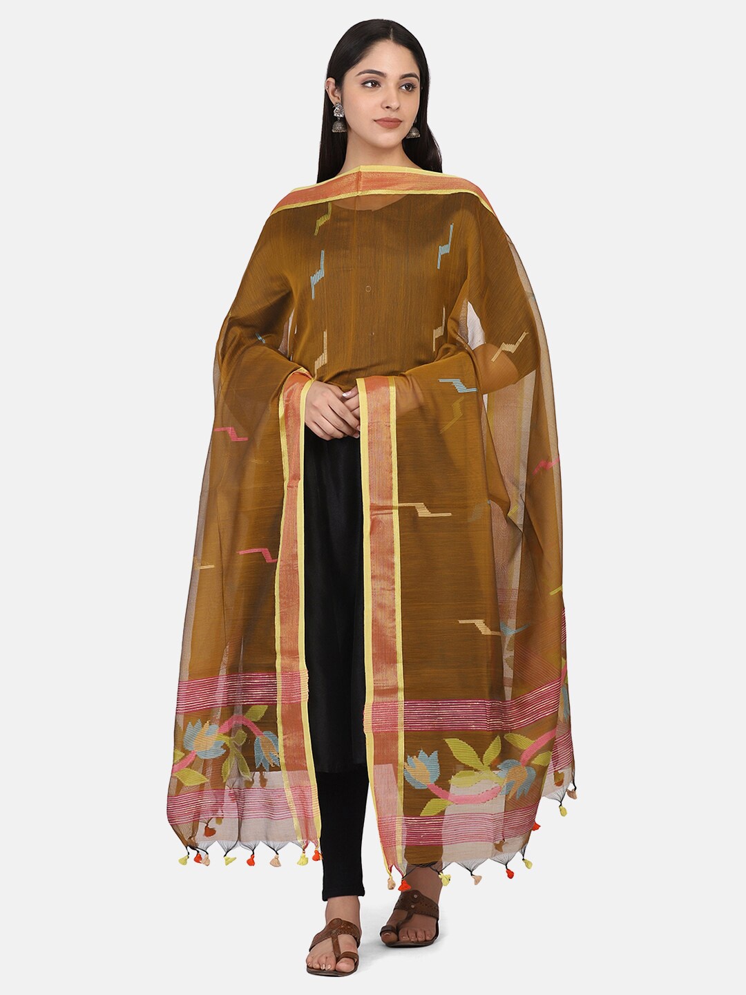 

THE WEAVE TRAVELLER Brown Ethnic Motifs Woven Design Dupatta with Zari