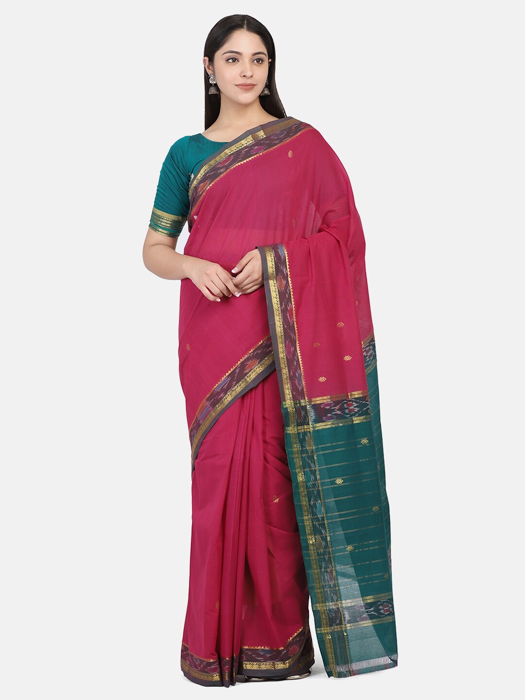 

THE WEAVE TRAVELLER Pink & Green Woven Design Zari Pure Cotton Mangalagiri Saree