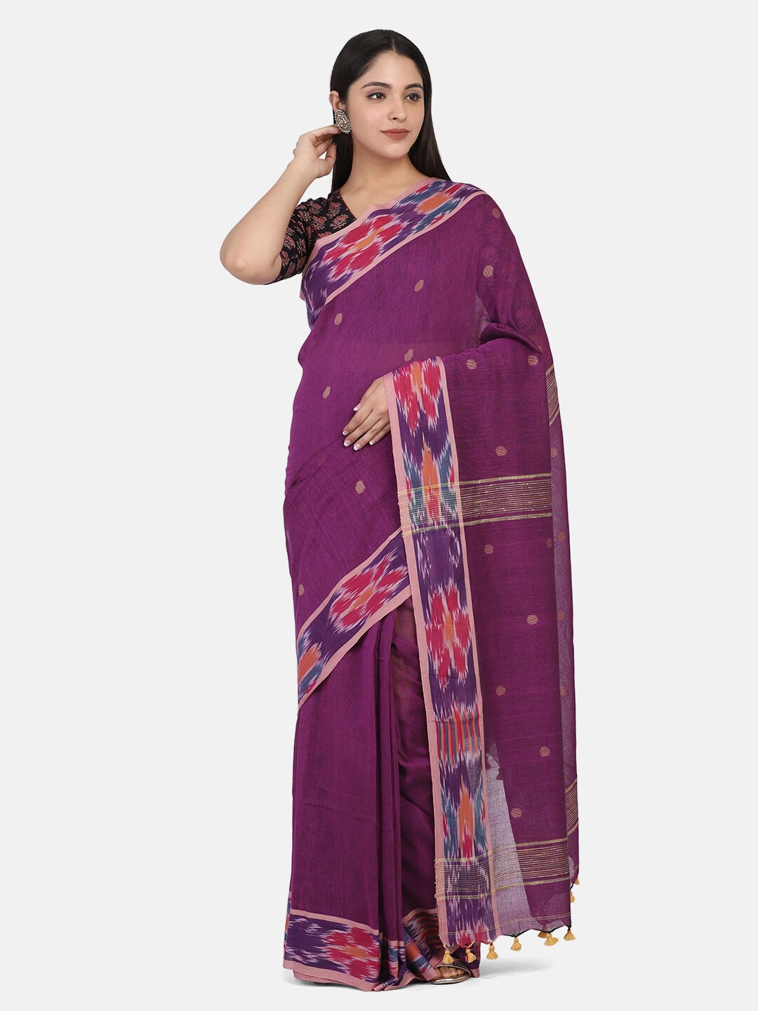 

THE WEAVE TRAVELLER Purple & Pink Ethnic Motifs Pure Cotton Jamdani Saree