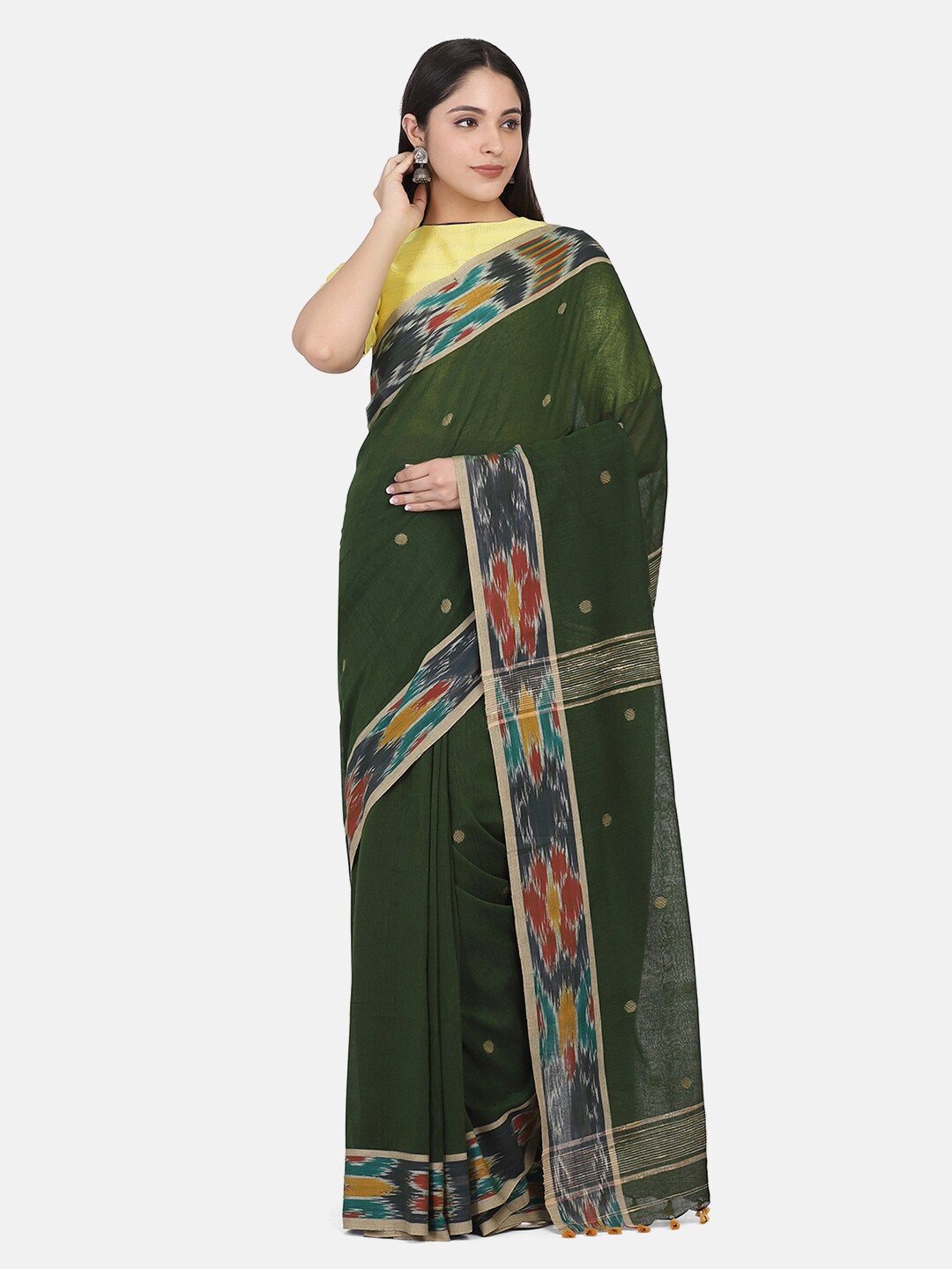 

THE WEAVE TRAVELLER Green & Yellow Ethnic Motifs Pure Cotton Jamdani Saree