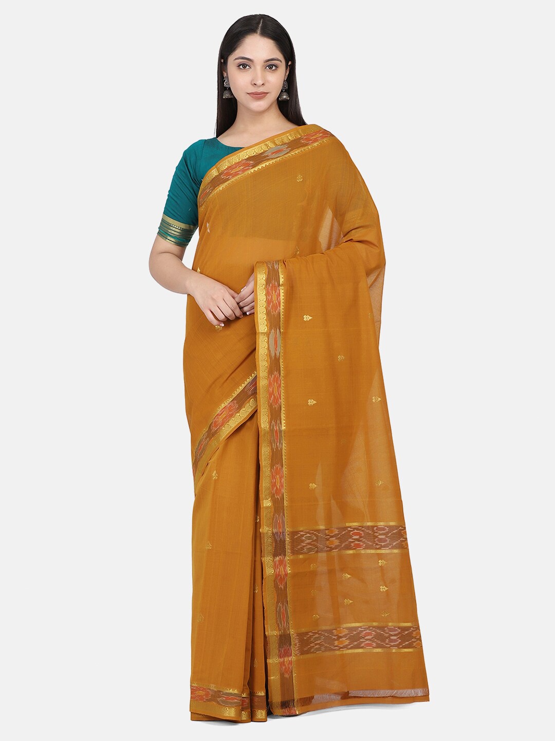 

THE WEAVE TRAVELLER Mustard Woven Design Zari Pure Cotton Mangalagiri Saree