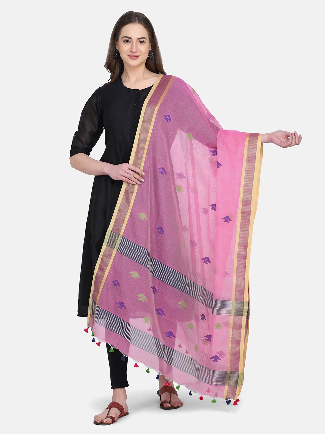 

THE WEAVE TRAVELLER Pink & Grey Ethnic Motifs Woven Design Dupatta with Zari