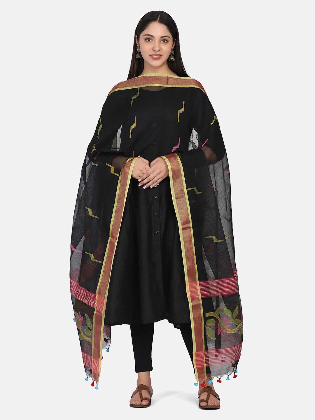 

THE WEAVE TRAVELLER Black & Pink Ethnic Motifs Woven Design Dupatta