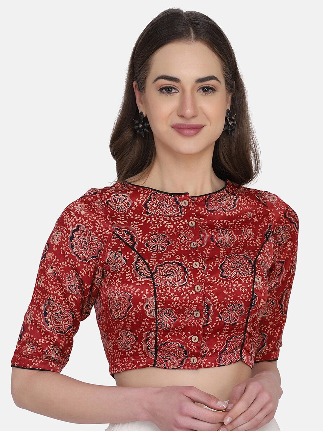 

THE WEAVE TRAVELLER Women Red Printed Ready Made Saree Blouse