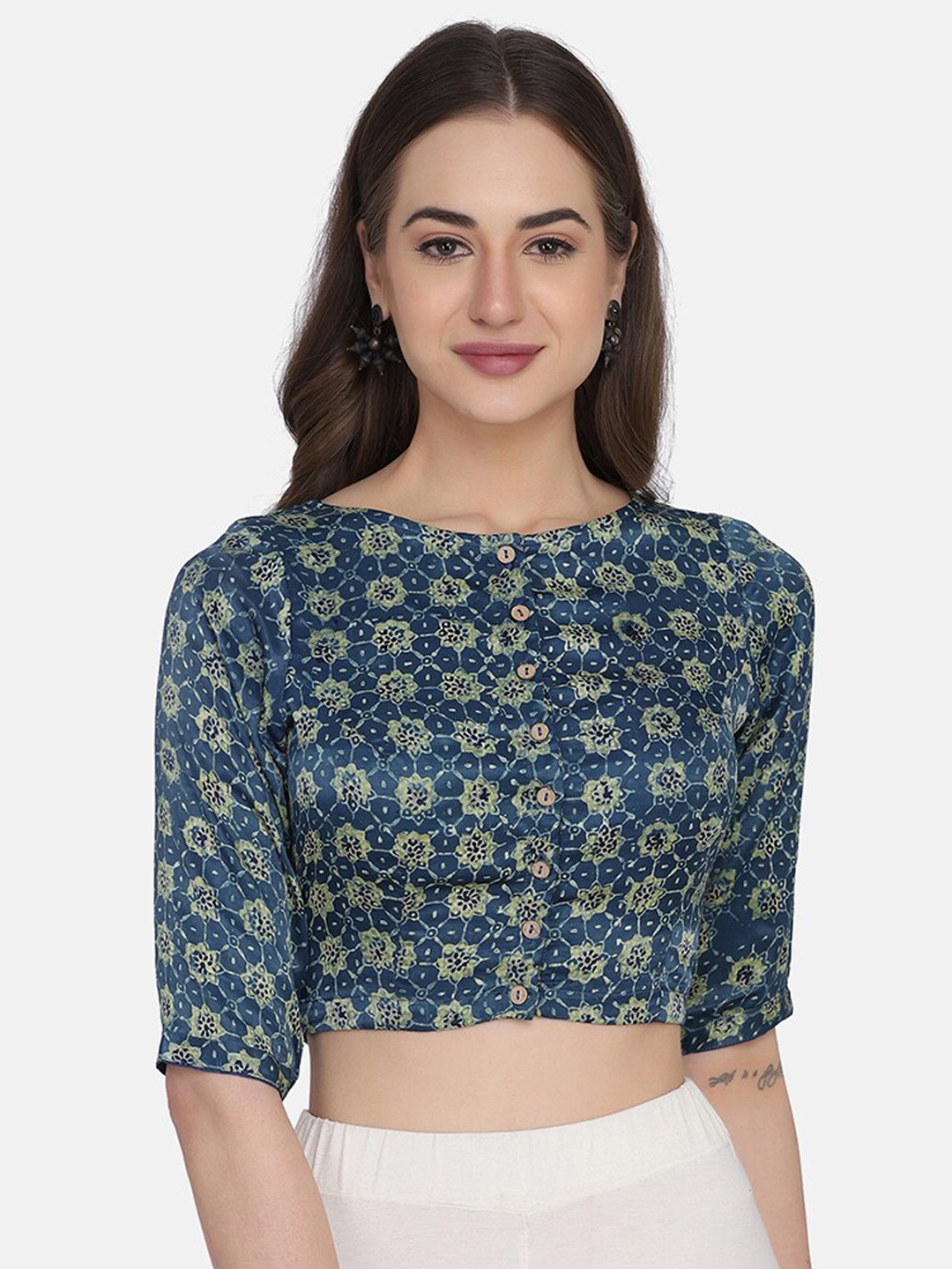 

THE WEAVE TRAVELLER Women Blue Printed Ready-Made Saree Blouse