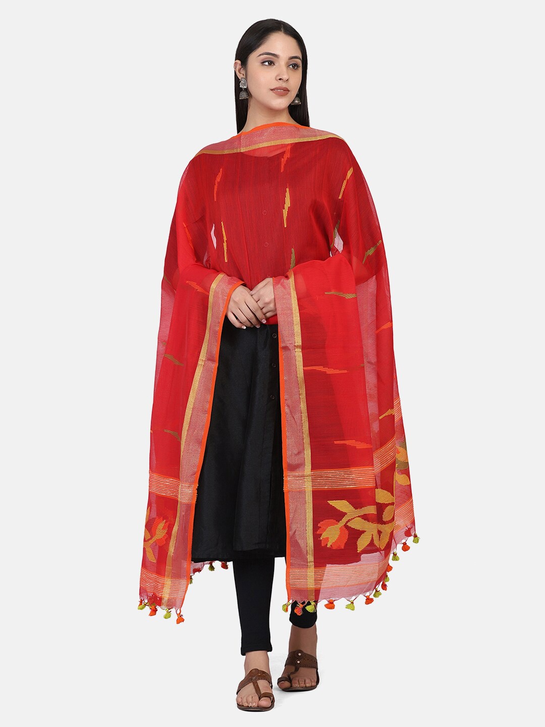 

THE WEAVE TRAVELLER Red & Yellow Ethnic Motifs Woven Design Dupatta with Zari