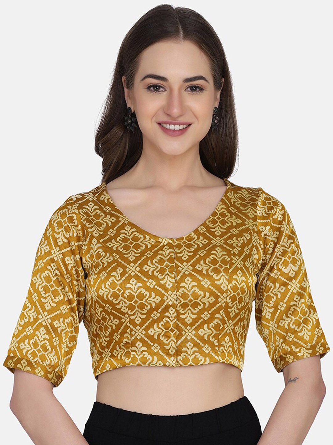 

THE WEAVE TRAVELLER Women Mustard Ethnic Motifs Printed Ready Made Saree Blouse