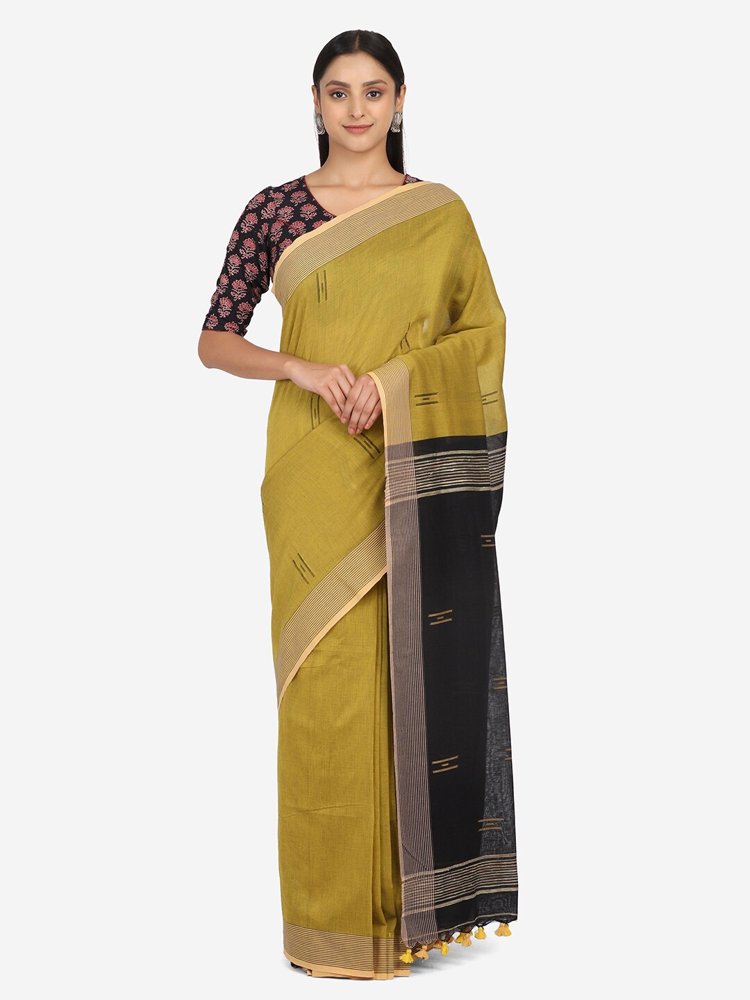 

THE WEAVE TRAVELLER Green & Black Woven Design Zari Pure Cotton Saree