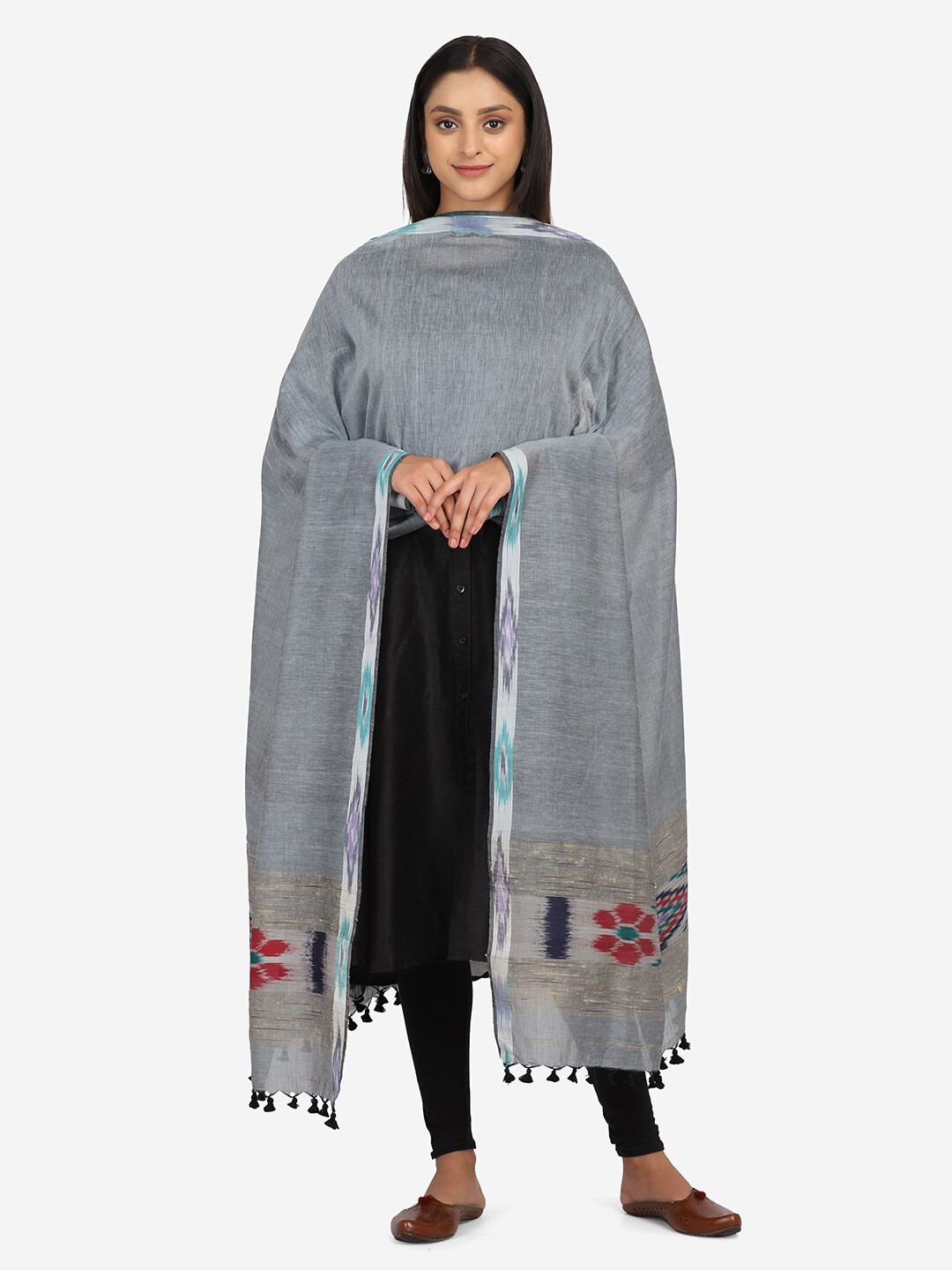 

THE WEAVE TRAVELLER Grey & Red Ethnic Motifs Woven Design Cotton Dupatta