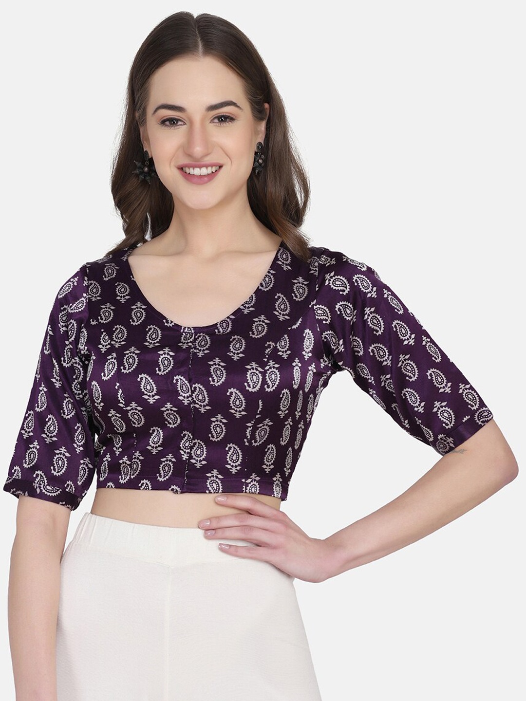 

THE WEAVE TRAVELLER Women Purple & White Printed Readymade Cotton Saree Blouse