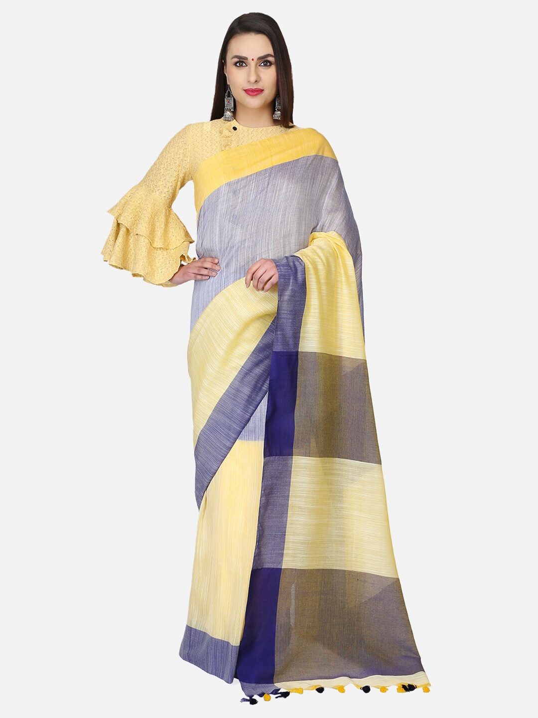 

THE WEAVE TRAVELLER Yellow & Blue Colourblocked Saree