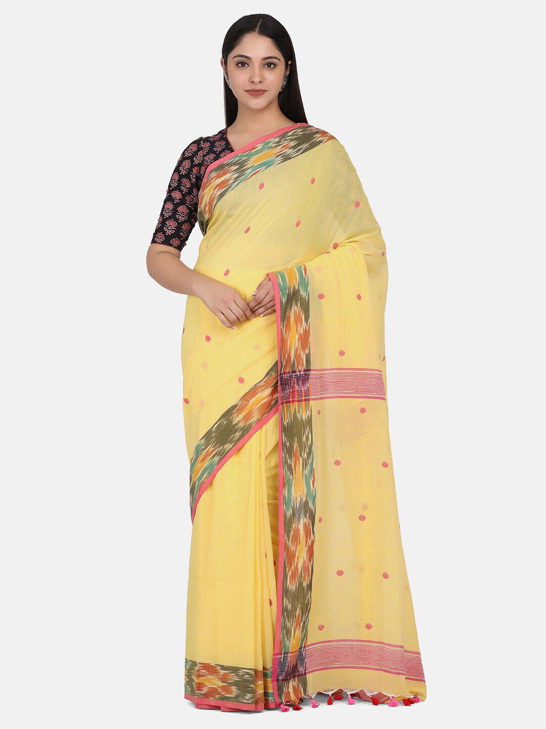 

THE WEAVE TRAVELLER Yellow & Pink Woven Design Pure Cotton Jamdani Saree