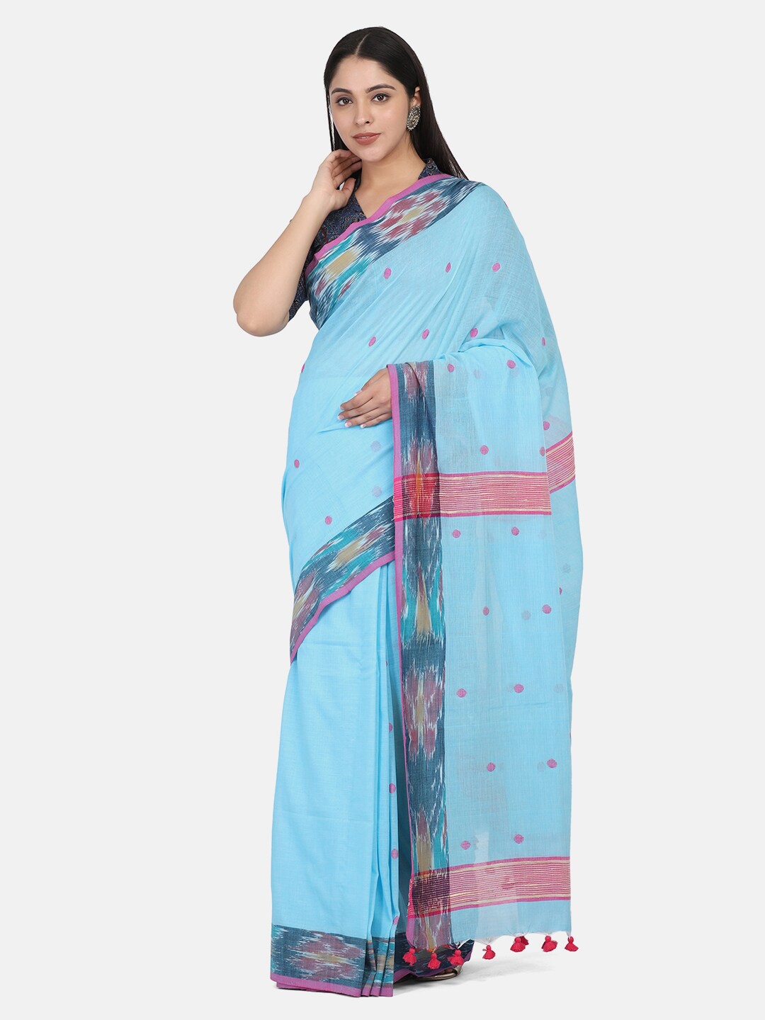 

THE WEAVE TRAVELLER Blue & Pink Woven Design Pure Cotton Jamdani Saree