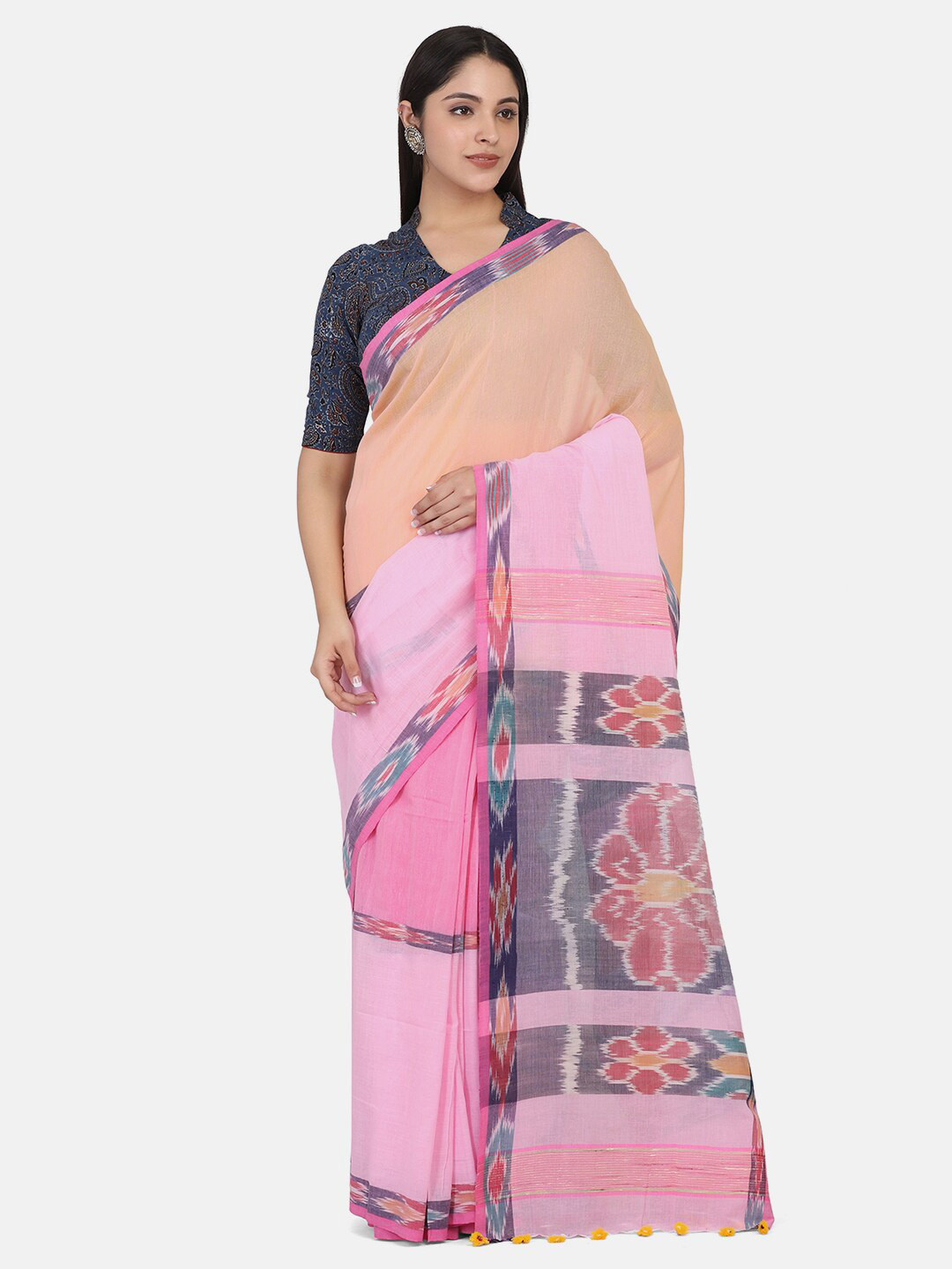

THE WEAVE TRAVELLER Pink & Blue Woven Design Pure Cotton Jamdani Saree