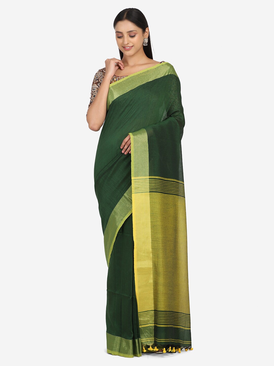 

THE WEAVE TRAVELLER Green & Yellow Saree