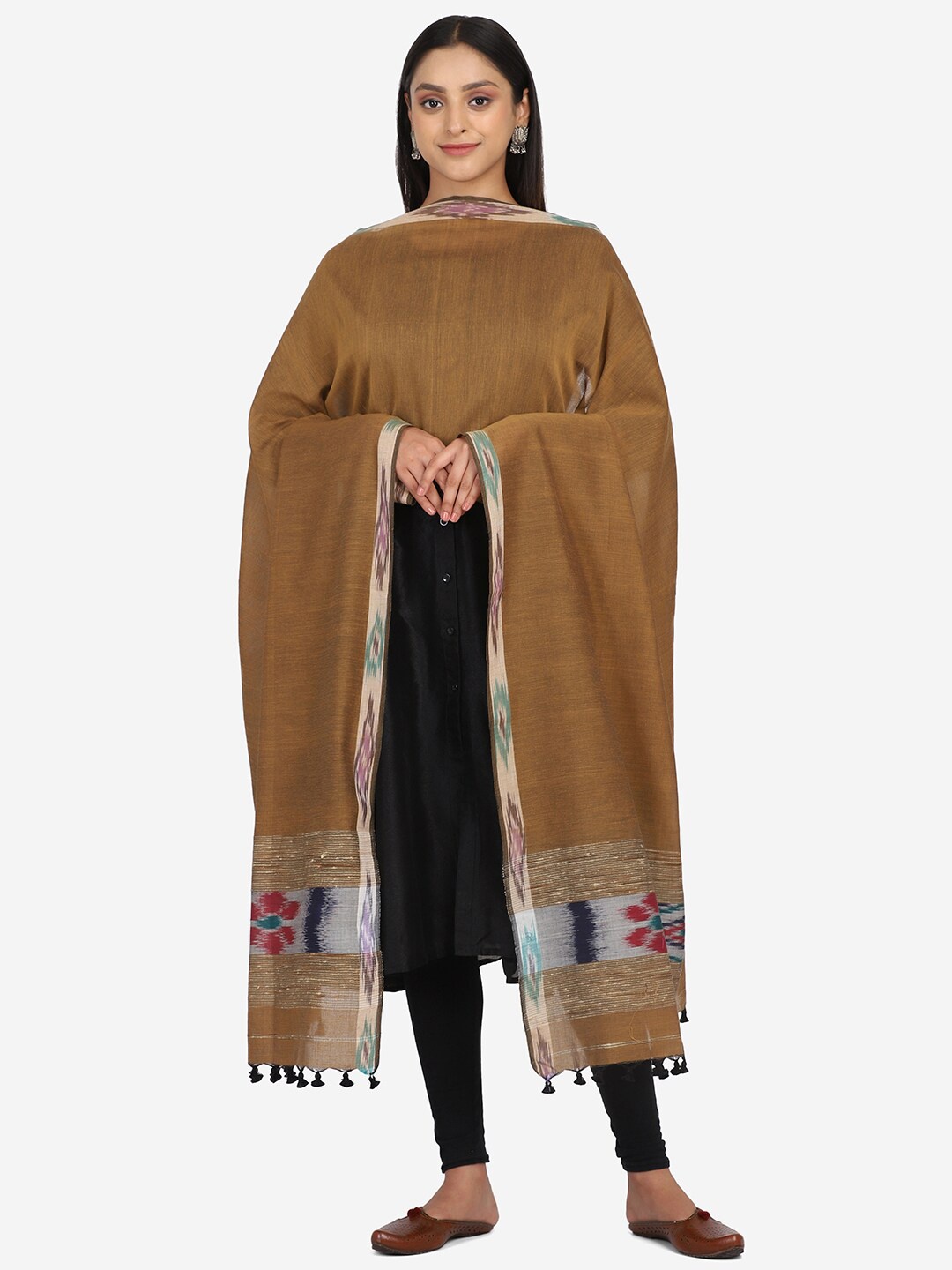 

THE WEAVE TRAVELLER Brown & Black Ethnic Motifs Woven Design Pure Cotton Dupatta