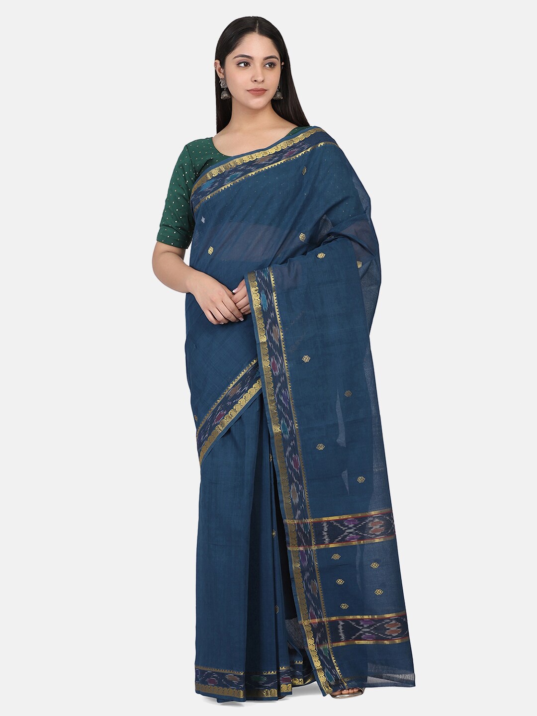 

THE WEAVE TRAVELLER Blue & Golden Ethnic Motifs Zari Pure Cotton Mangalagiri Saree