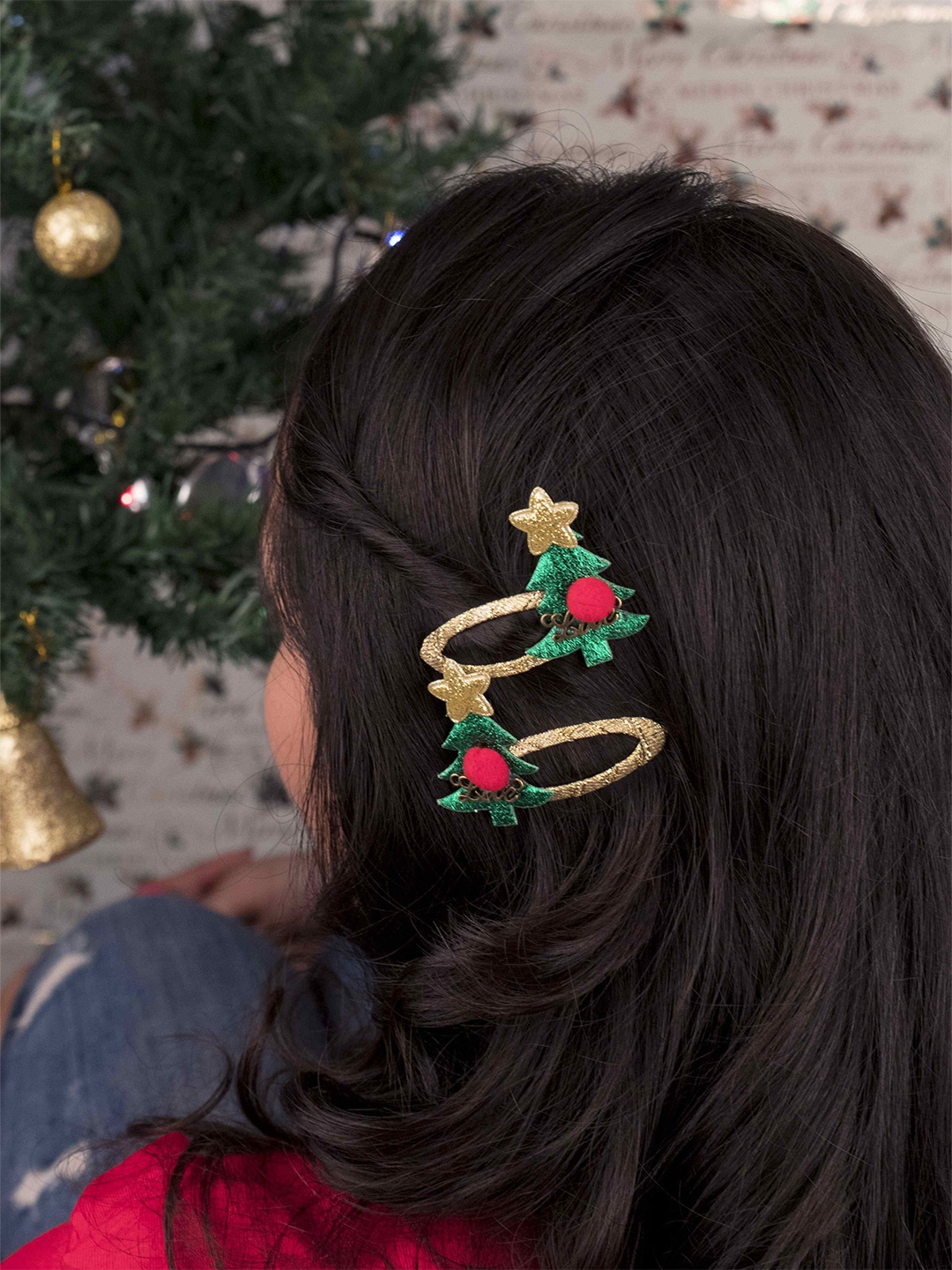 

Arendelle Girls Christmas Pack of 2 Gold-Toned and Green Tree Star Hair Clips