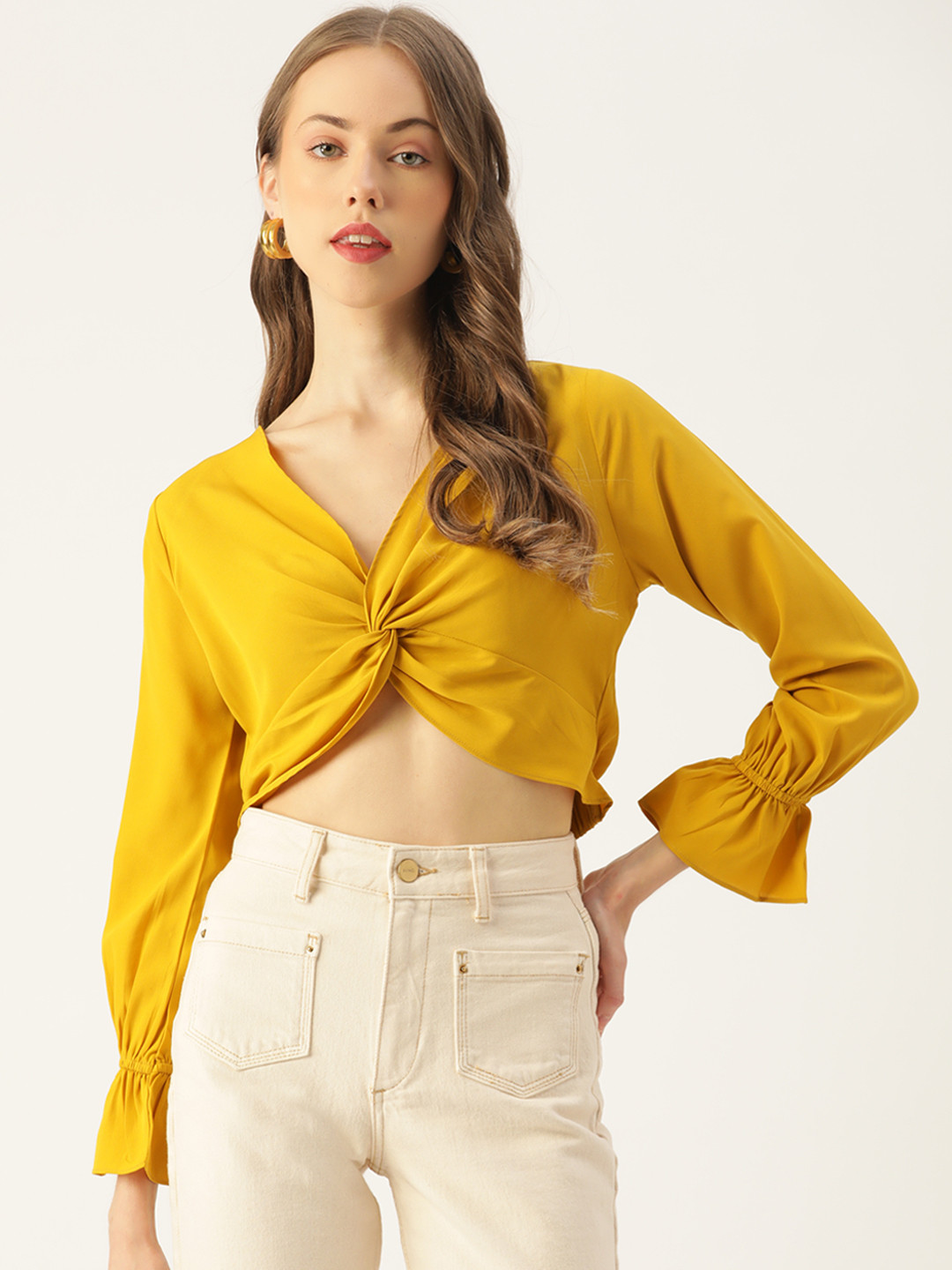 

Berrylush Yellow Bishop Sleeves Crepe Crop Top