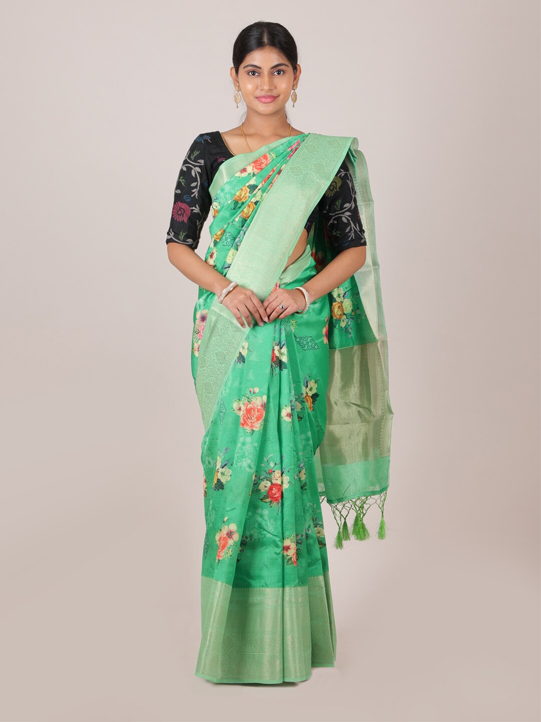 

Pothys Green & Pink Floral Zari Fancy Cotton Saree