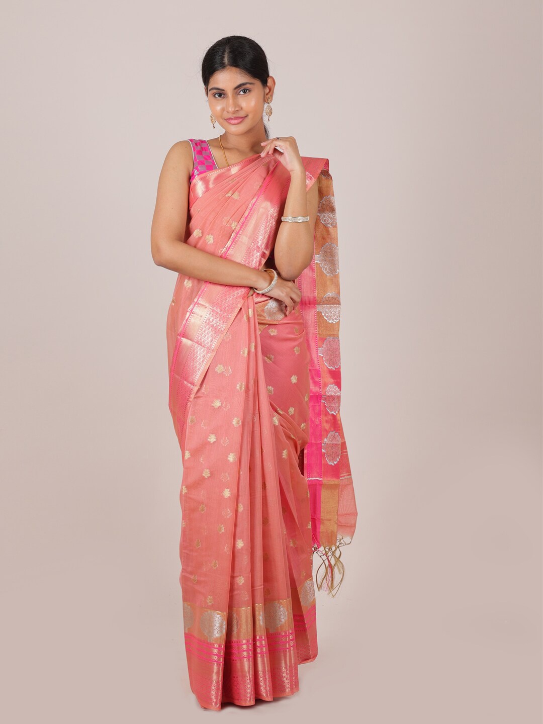 

Pothys Peach-Coloured & Gold-Toned Floral Zari Cotton Blend Saree