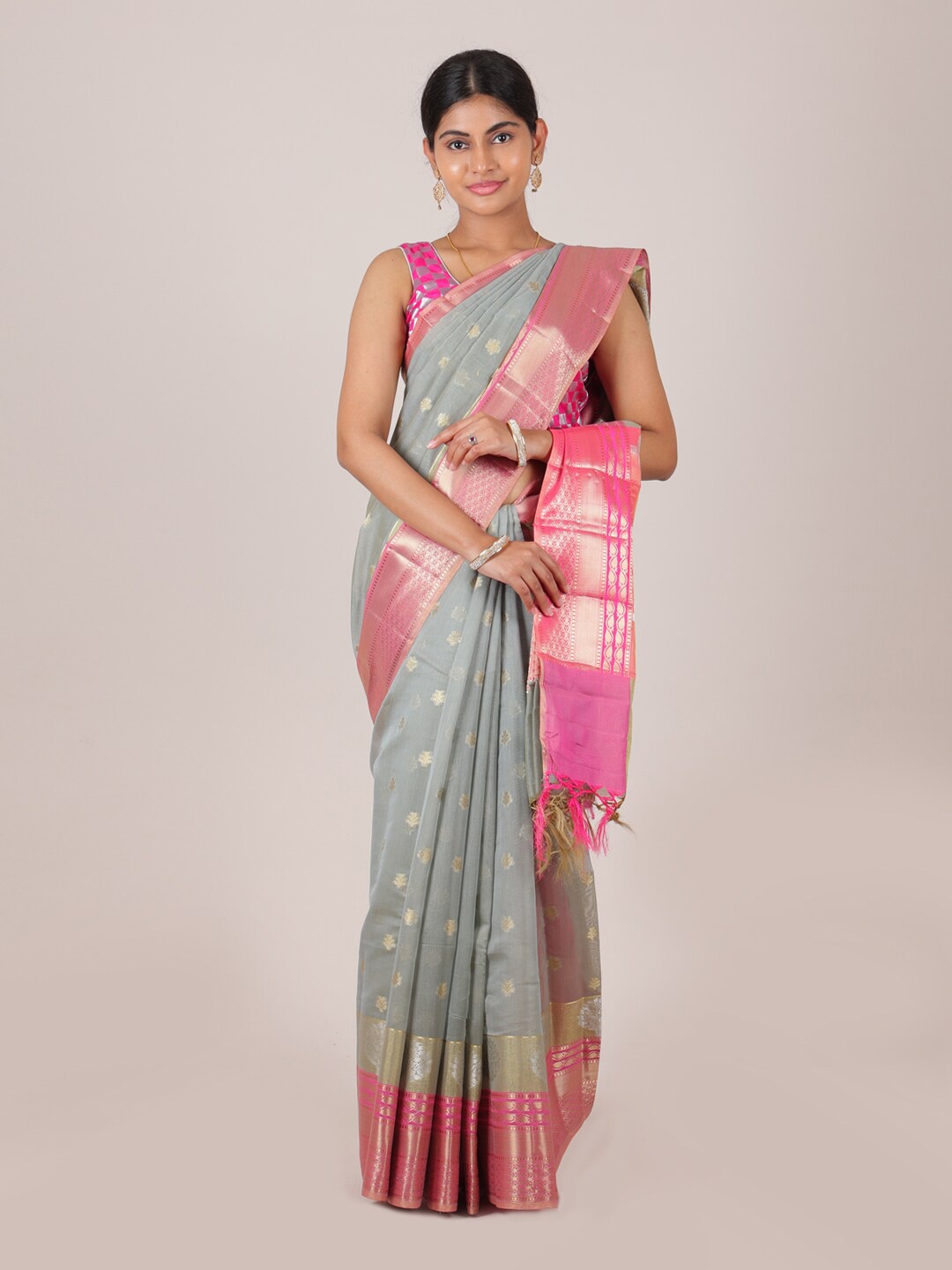 

Pothys Grey & Pink Woven Design Zari Saree