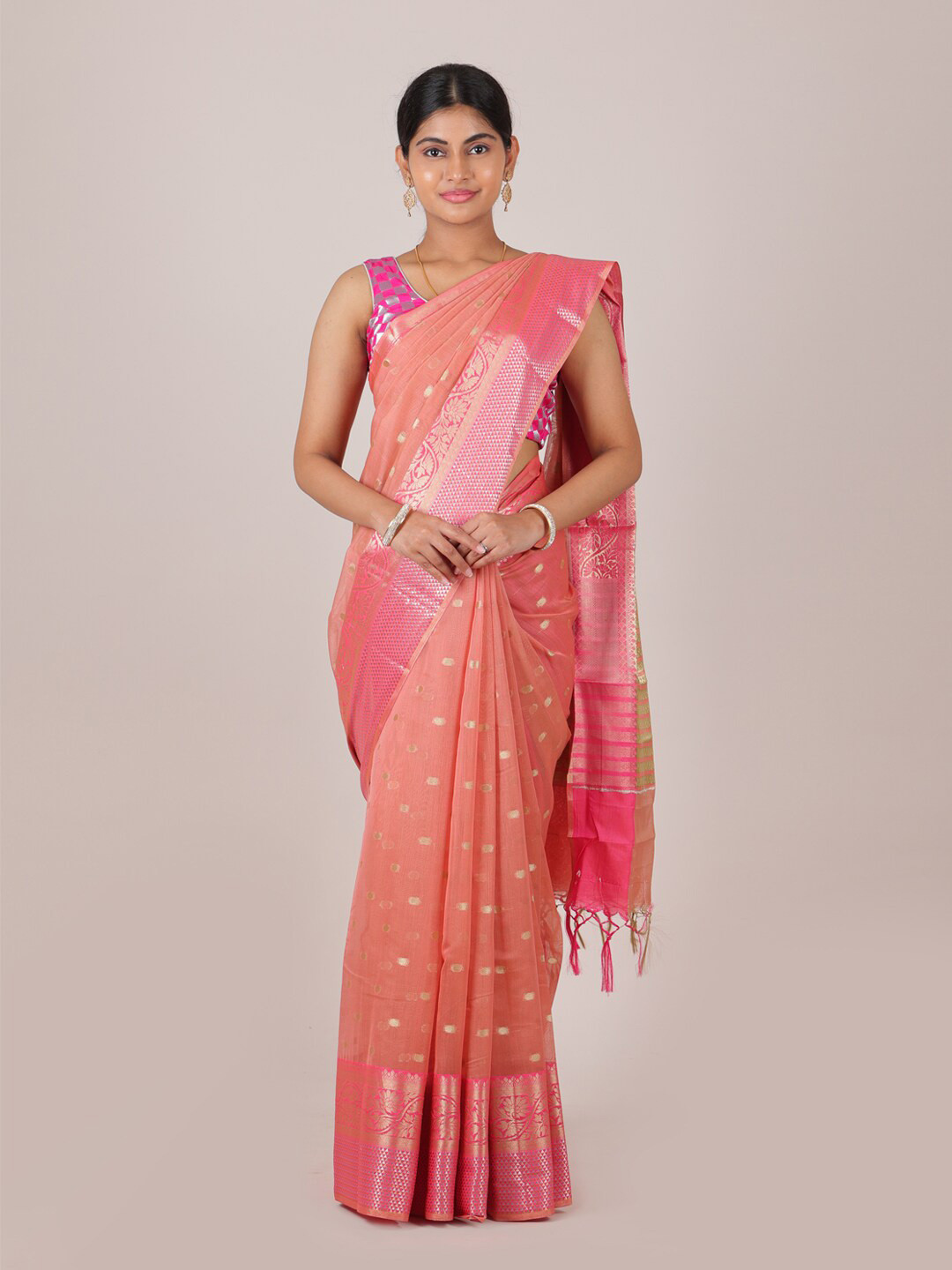 

Pothys Peach-Coloured & Gold-Toned Woven Design Zari Fancy Cotton Saree