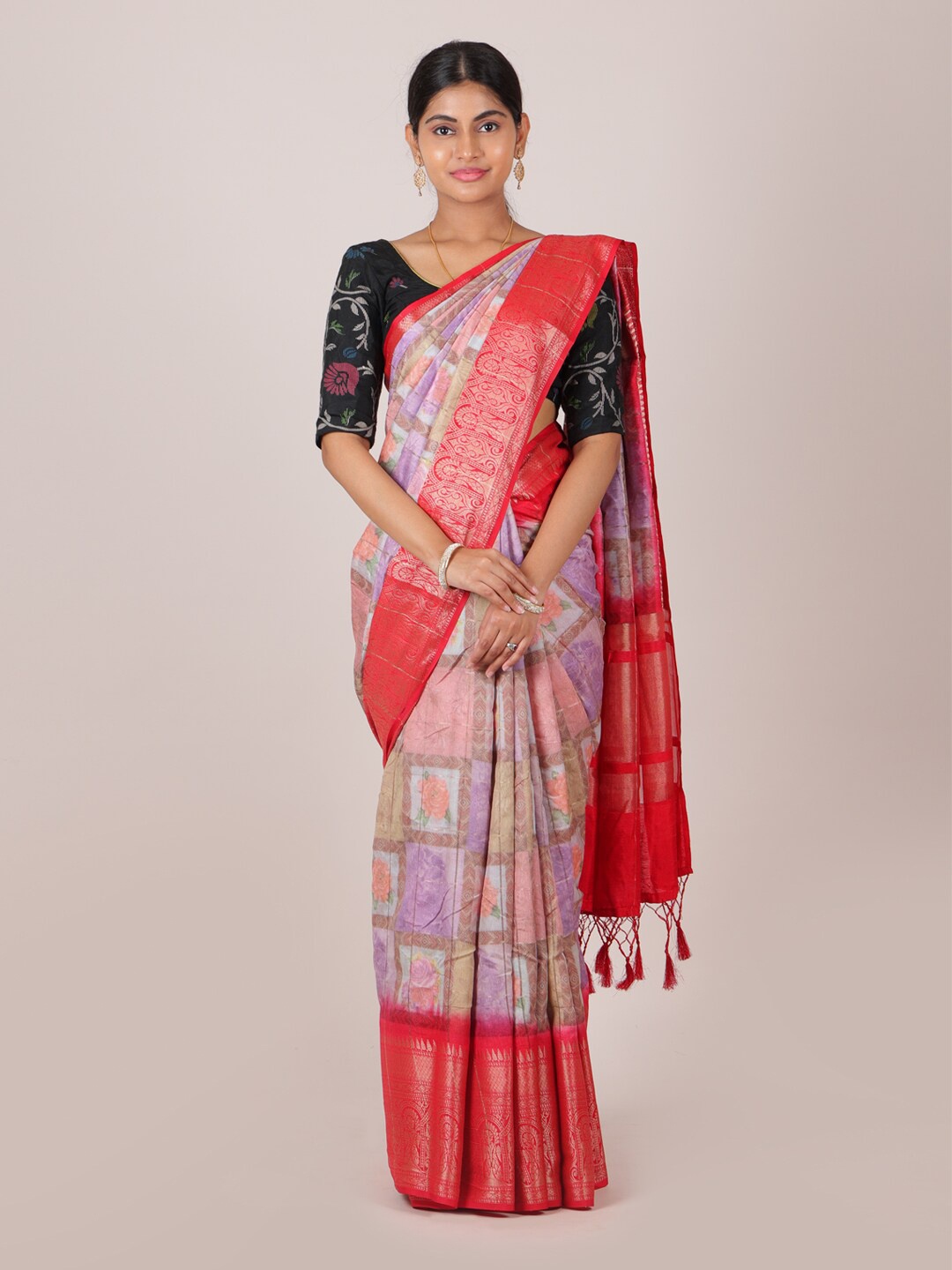 

Pothys Pink & Gold-Toned Floral Zari Saree