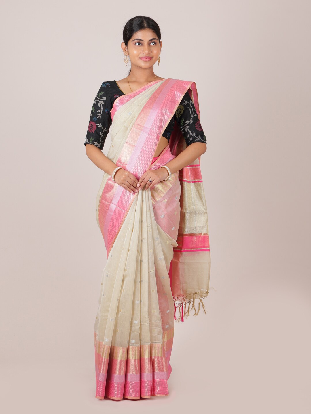 

Pothys Cream-Coloured & Pink Woven Design Cotton Blend Zari Saree