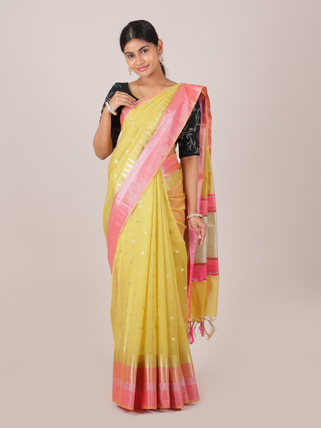 

Pothys Yellow & Pink Woven Design Cotton Blend Zari Saree