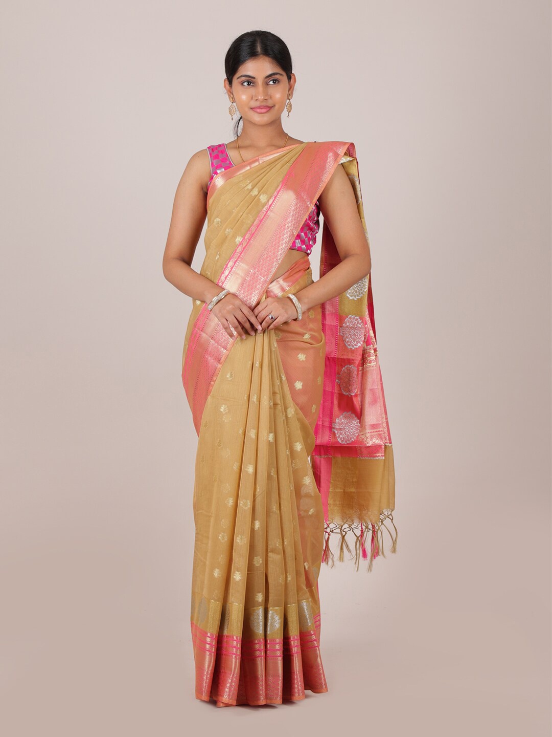 

Pothys Cream-Coloured & Pink Woven Design Saree