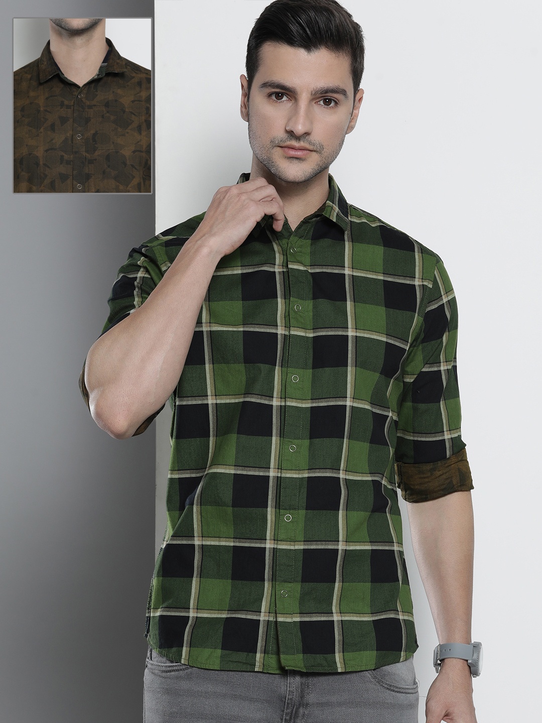 

The Indian Garage Co Men Olive Green & Coffee Brown Reversible Cotton Shirt
