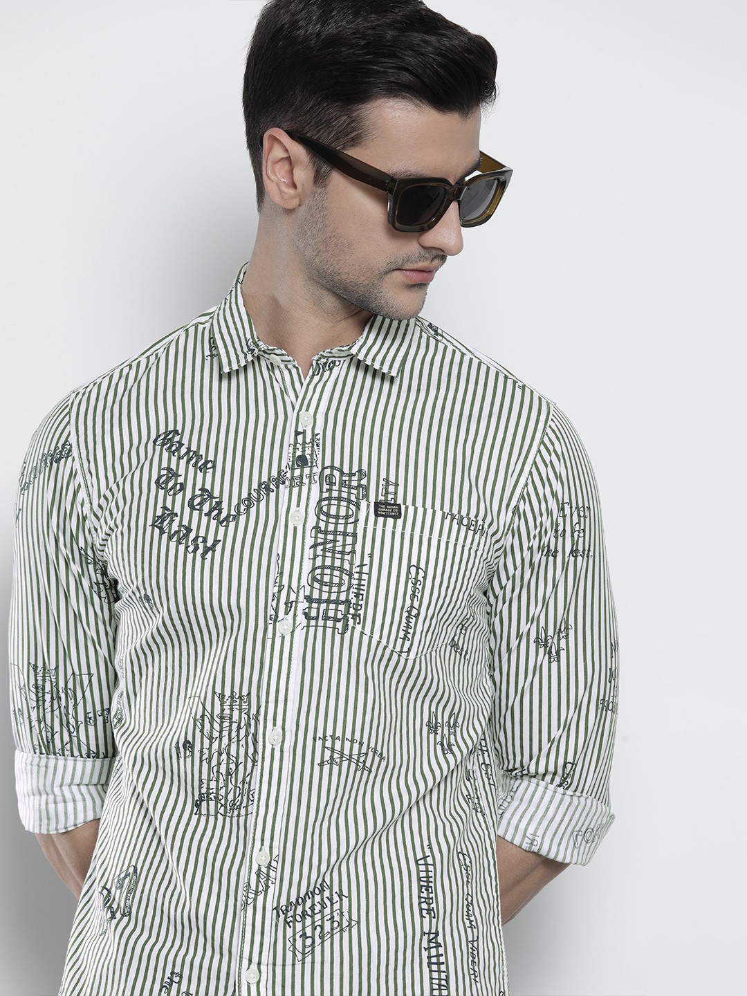 

The Indian Garage Co Men White & Olive Green Striped & Conversational Print Cotton Shirt