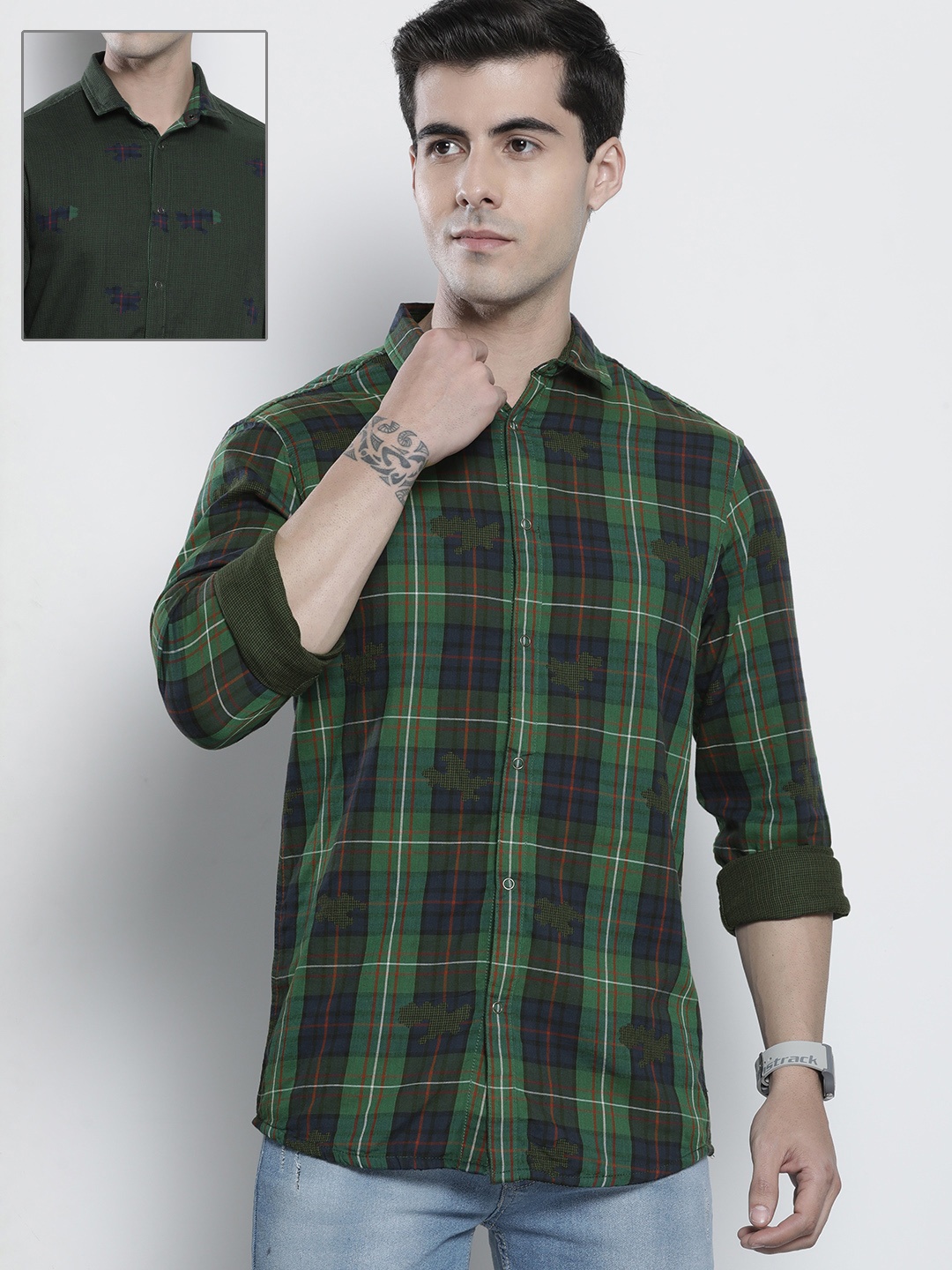 

The Indian Garage Co Men Green & Navy Blue Tartan Checked Cotton Reversible Shirt