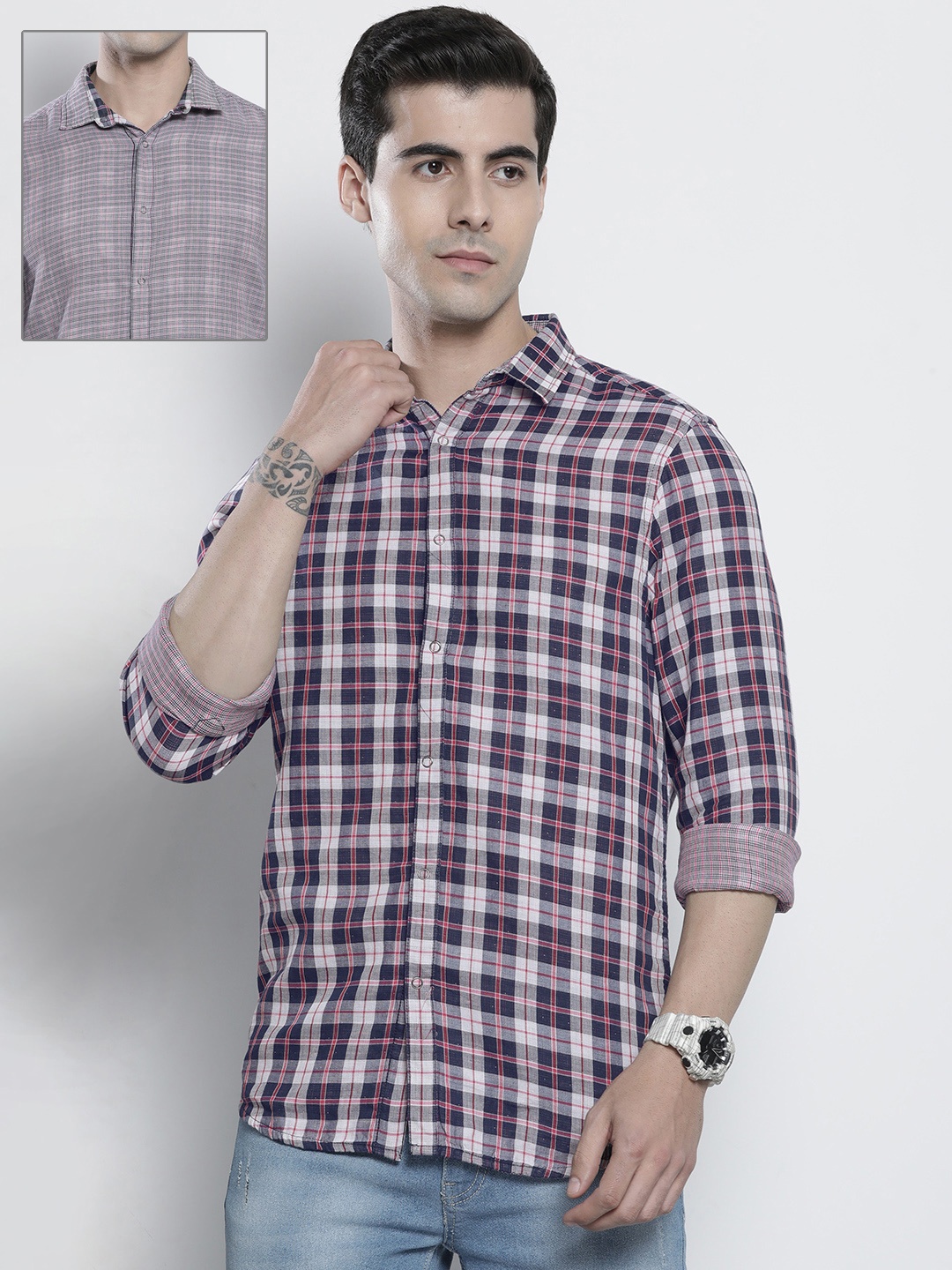 

The Indian Garage Co Men Pink & Navy Blue Tartan Checked Cotton Shirt