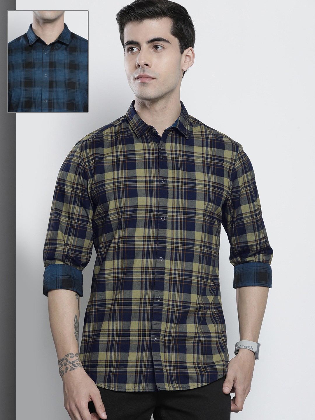 

The Indian Garage Co Men Green & Navy Blue Checked Cotton Reversible Shirt