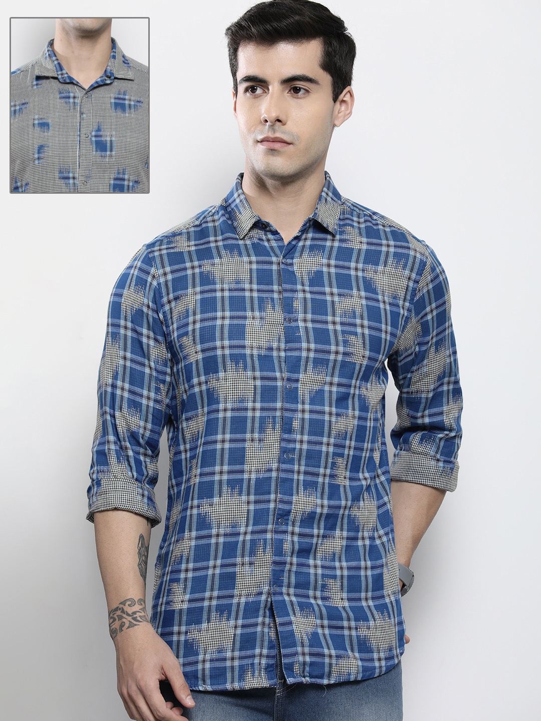

The Indian Garage Co Men Blue Reversible Checked Cotton Casual Shirt