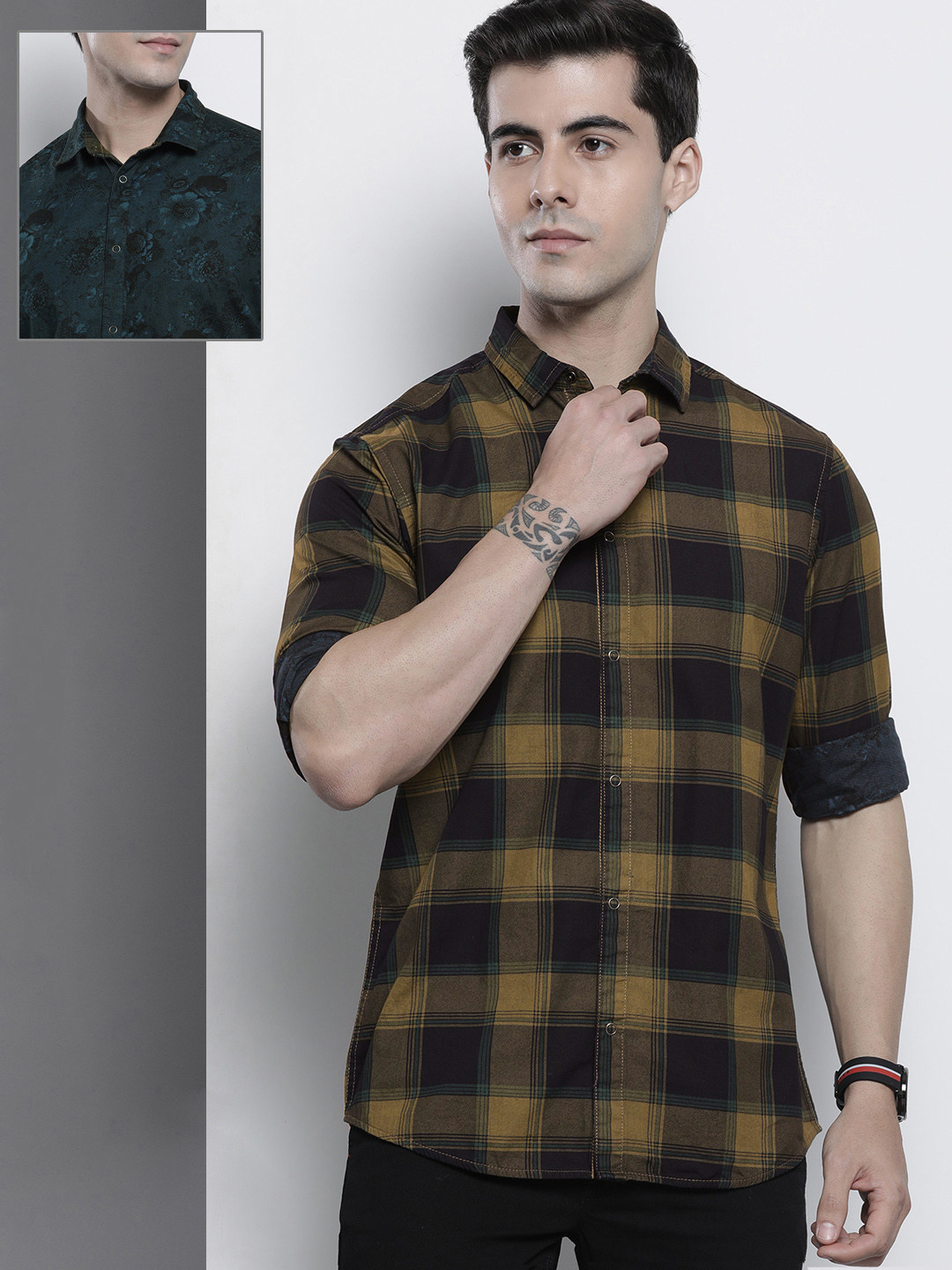 

The Indian Garage Co Men Olive Green & Navy Checked & Printed Reversible Casual Shirt