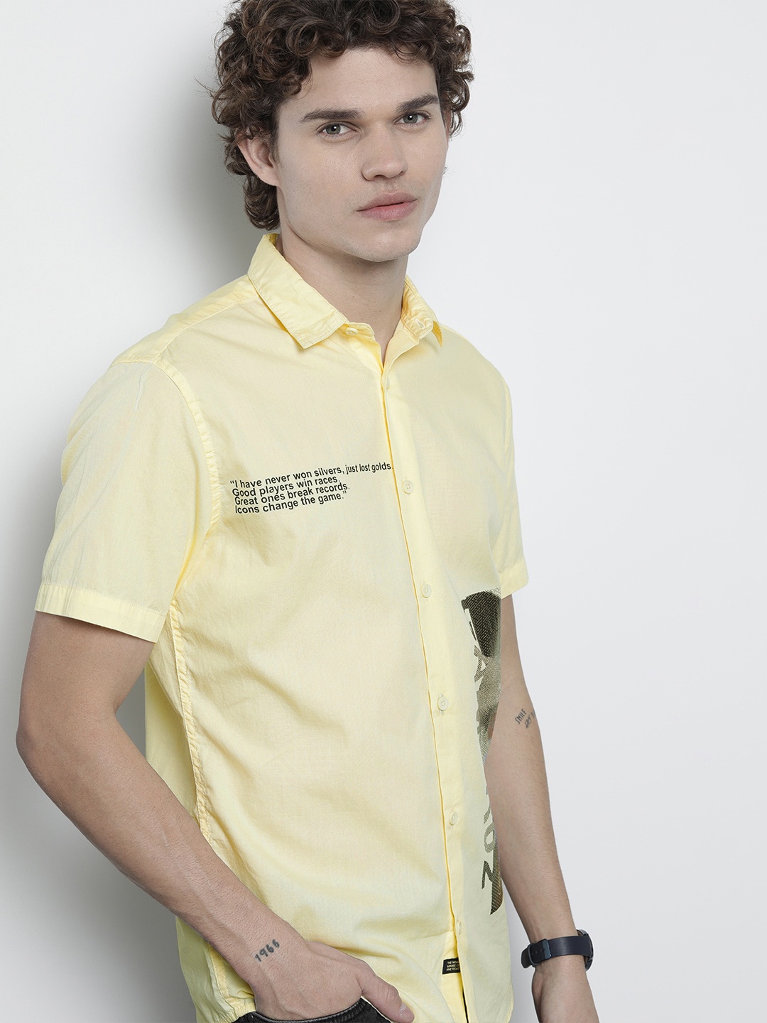 

The Indian Garage Co Men Regular Fit Typography Printed Resortwear Shirt, Yellow