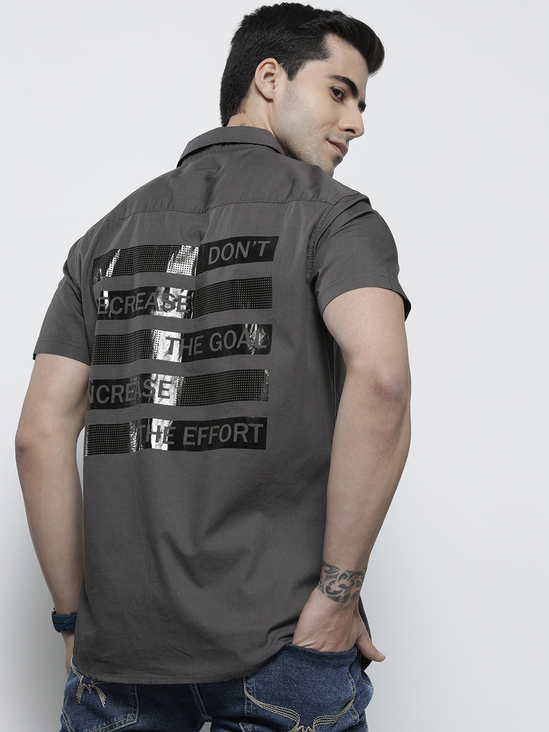 

The Indian Garage Co Men Charcoal Grey & Black Printed Cotton Shirt