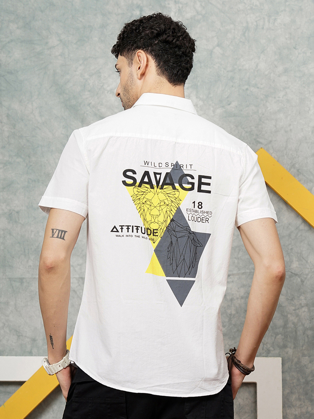 

The Indian Garage Co Men White & Yellow Back Graphic Printed Cotton Casual Shirt