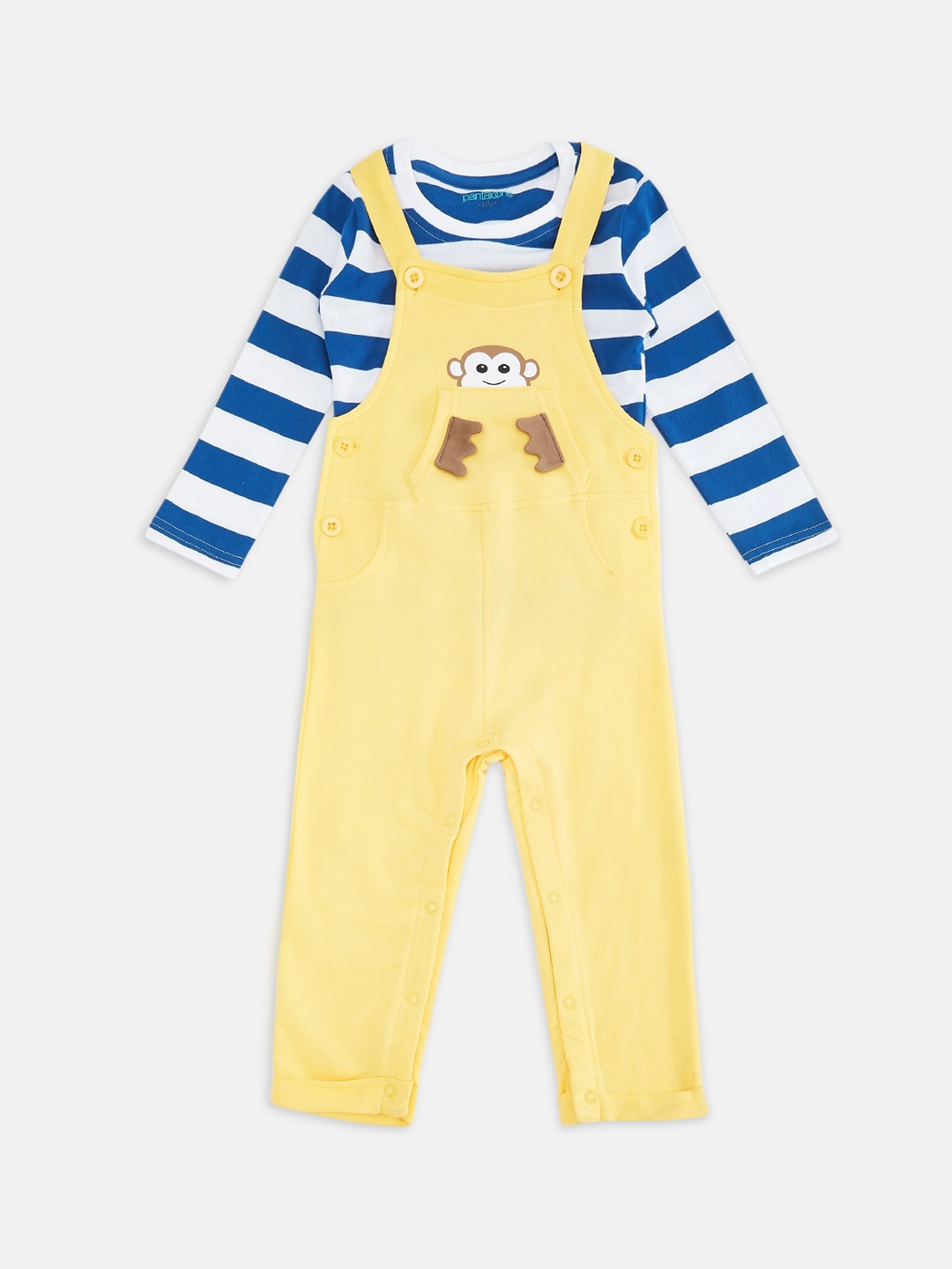 

Pantaloons Baby Boys Yellow & Blue Striped Cotton Dungarees