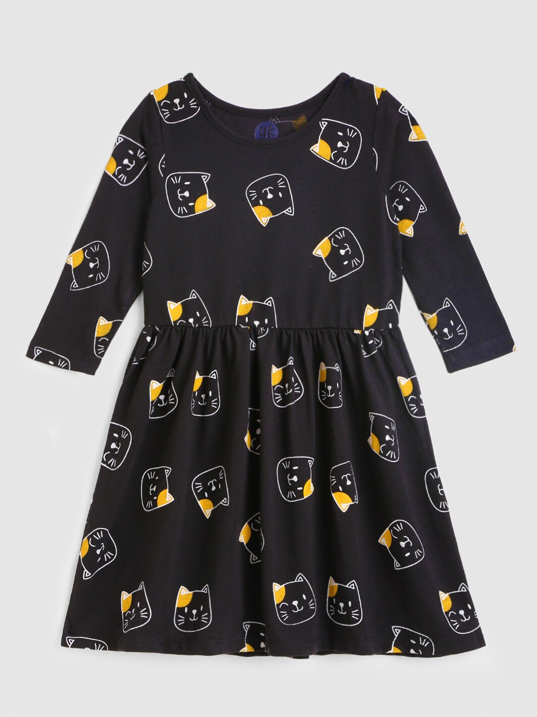 

YK Girls Black & Yellow Printed Fit & Flare Dress