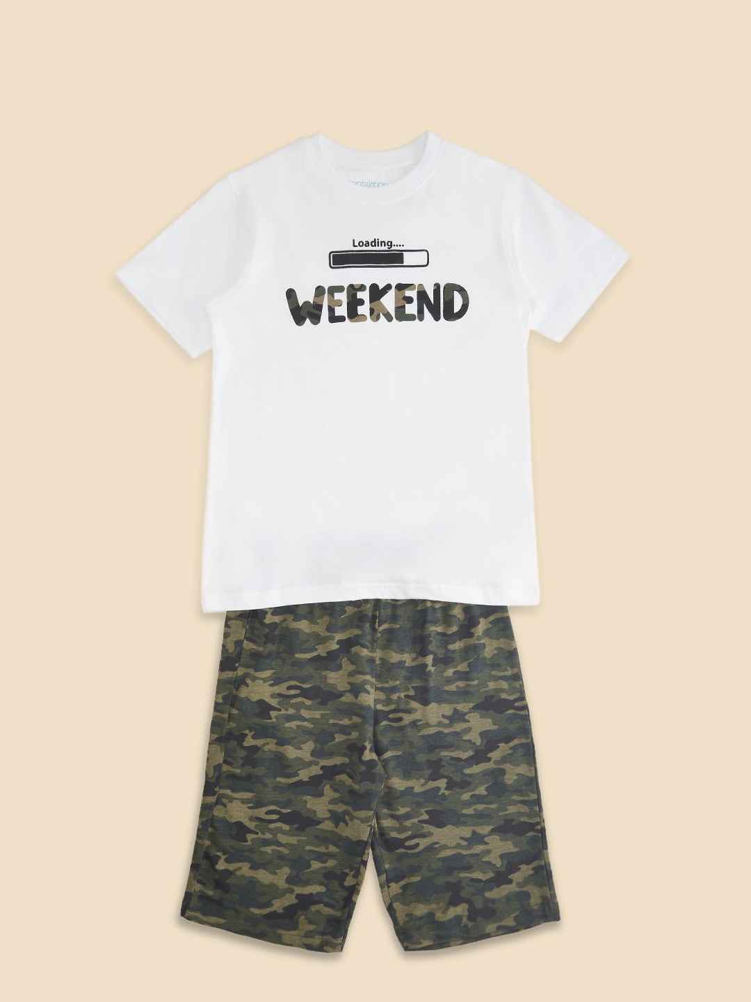 

Pantaloons Junior Boys White & Green Printed Pure Cotton Night suit
